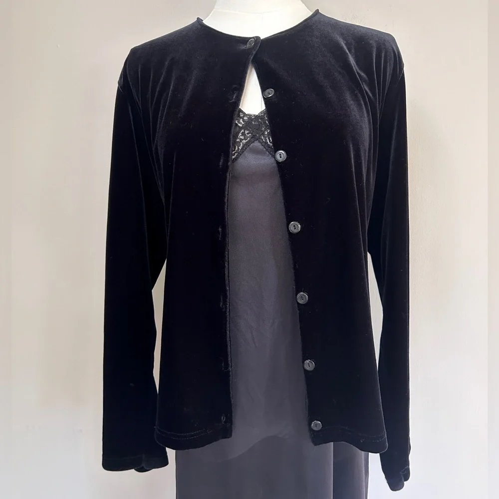 Y2K NY&CO Black Velvet Button Front Cardigan Whimsigoth Fairy Grunge 90s | Sz L